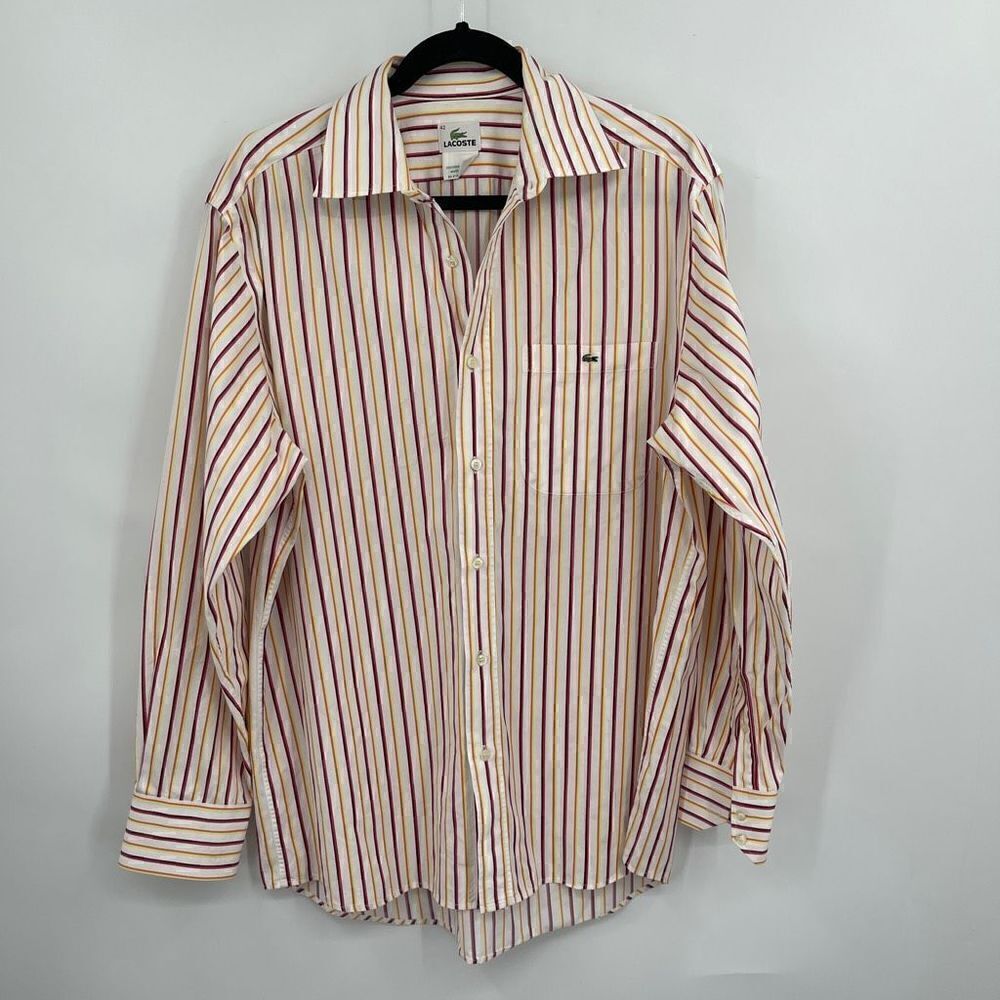 Lacoste Long Sleeve Striped Yellow Red White Collared Button-Up Shirt Size 42